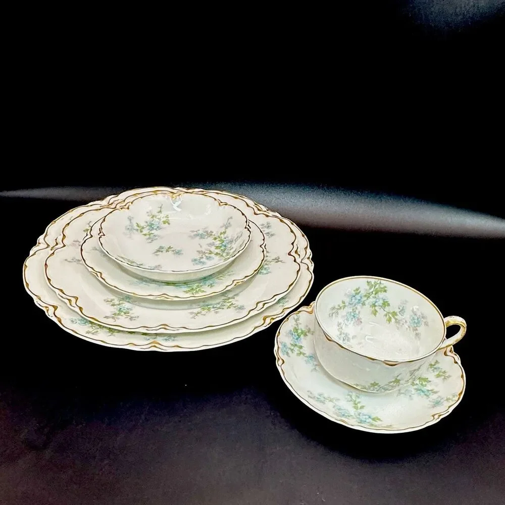 Antique Haviland Limoges 6 Piece Place Setting for One Forget Me Not Gold China
